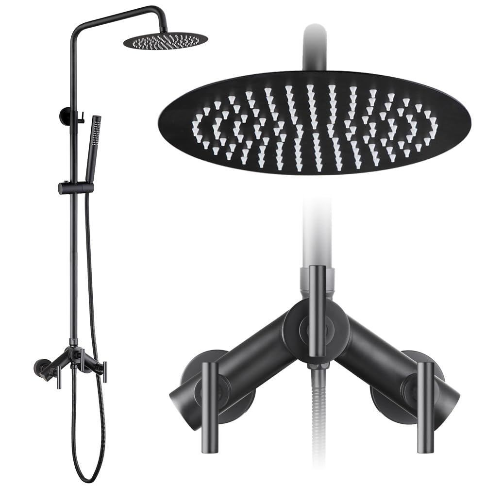 Matte Black Outdoor Shower Kit 2 Handle Wall Mounted w 8 Head  Handheld Spray