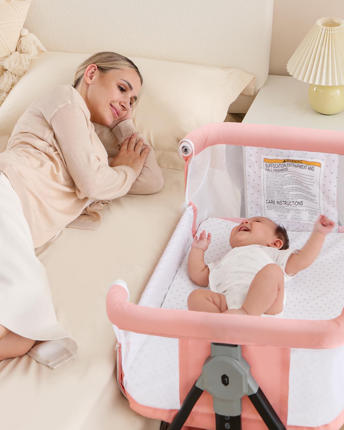 Pink Multi-functional Bedside Bassinet  Sleeper 6-Position Height Adjustable