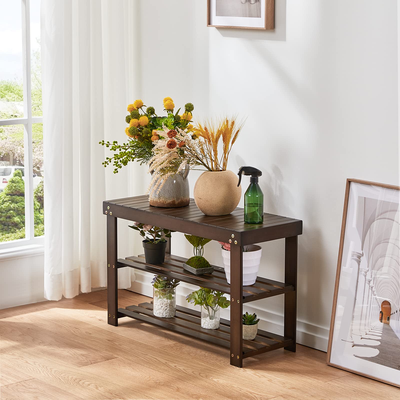 '-Tier Bamboo Shoe Rack Bench Storage Organizer for Entryway Brown