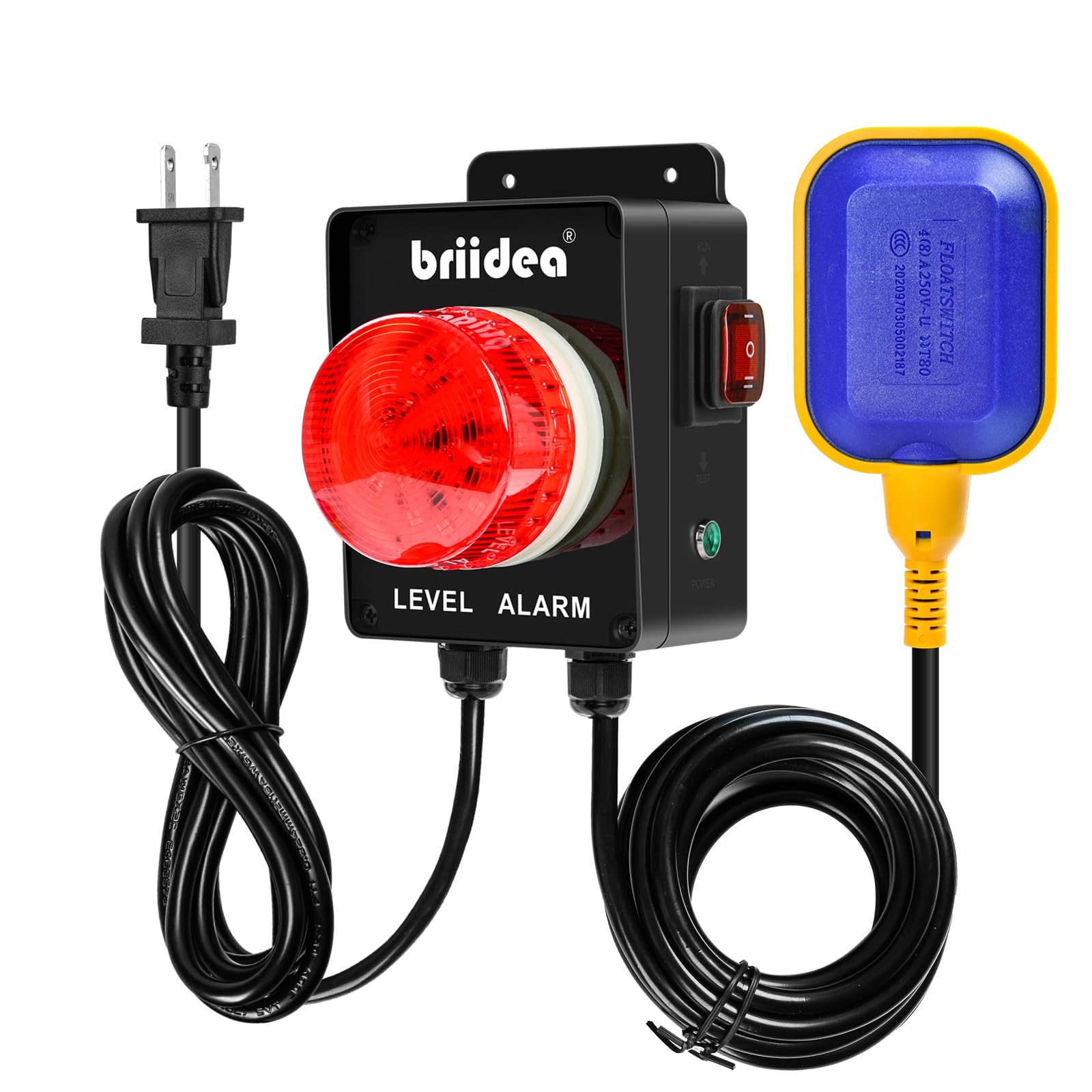 Briidea Indoor/Outdoor High Water Alarm with 110dB Loud Alarm, Large LED Indicator, AC Power, Test Button, 10ft Level Float Switch, Ideal for Septic Sump Pump Retail $79.00