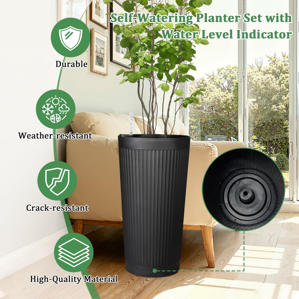 '-Pack 24in Round Plastic Self-Watering Planters with Vertical Ribbed Design Black