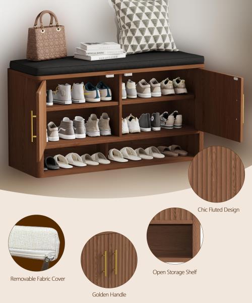 Fluted Shoe Storage Bench with Adjustable Shelves Walnut