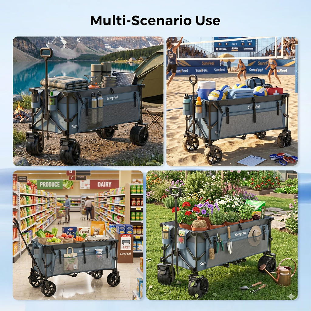 SUNNYFEEL 49" L Foldable Wagon Cart with Big Wheels - 550lbs Heavy Duty Extra Long Collapsible Shopping Cart - Utility Grocery Wagon for Garden Sports Camping Outdoor Activities (Blue) Retail $109.00
