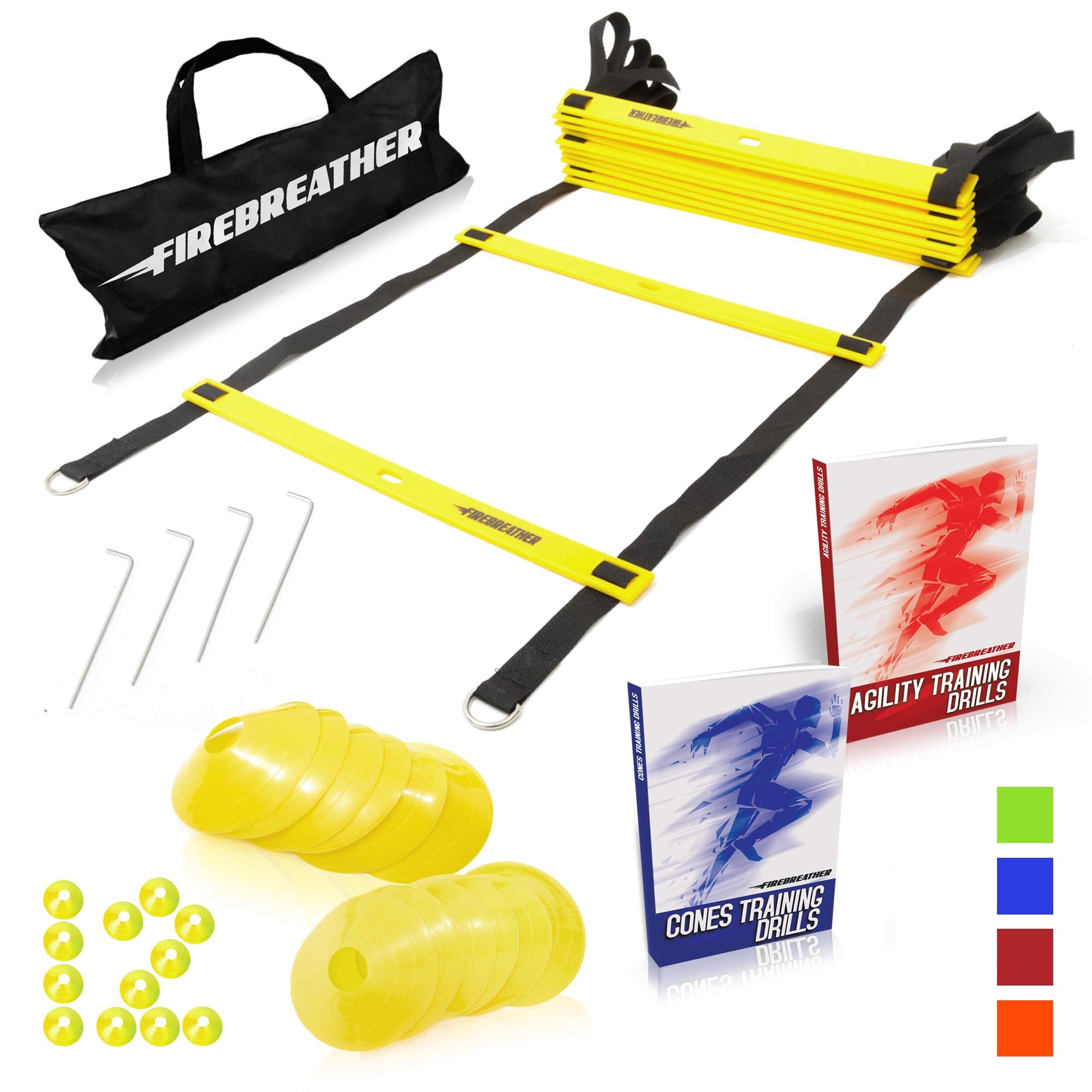 Agility Ladder and Cones by FireBreather. Great Training Equipment to Exercise Speed in Soccer, Football & Sports Workout. Set of 15ft Ladder, 12 Discs, 4 Pegs, Carrying Bag & 2 Drills Ebook