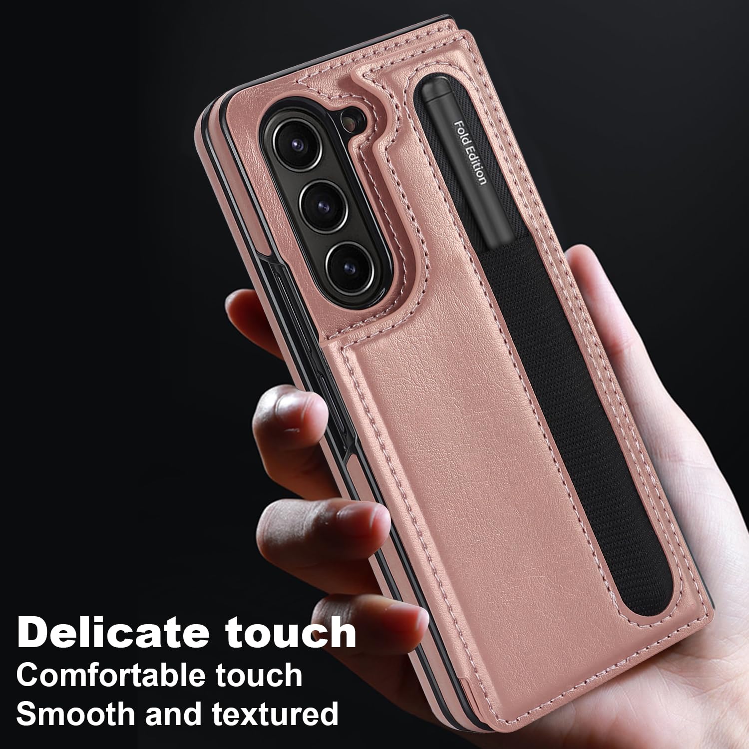 Samsung Galaxy Z Fold 5 Leather Wallet Case with Card  S-Pen Holder Kickstand - Rosegold