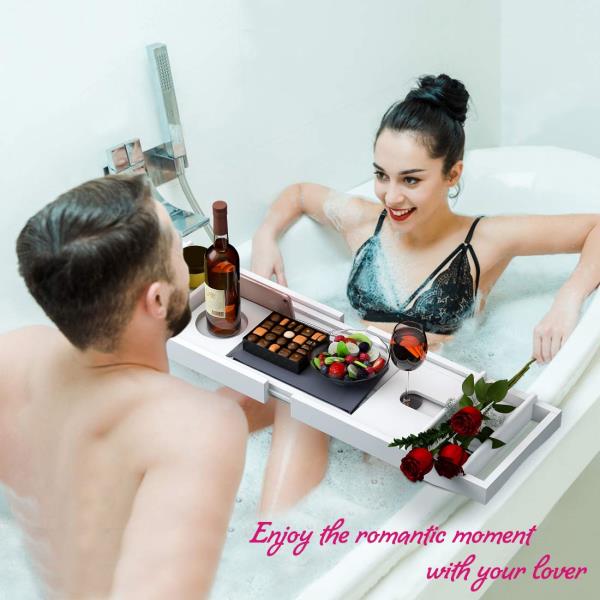 Bathtub Caddy Tray for Luxury Bath - Bamboo Waterproof Expandable Bath Table Over Tub with Wine and Book Holder and Free Soap Dish (White)