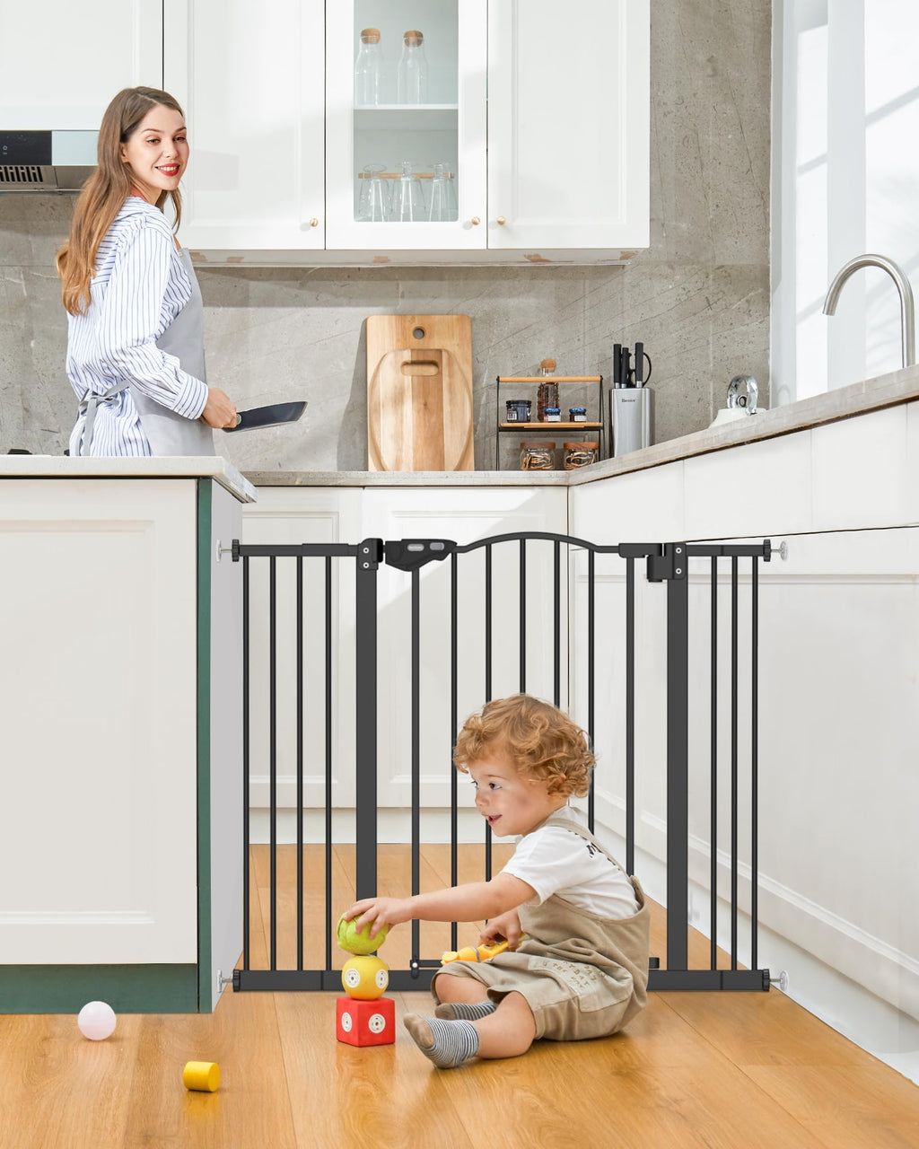 Baby Pet Gate for Stairs Doorways Hallways 29-39.6 Wide 30 Tall Black Pressure Mounted