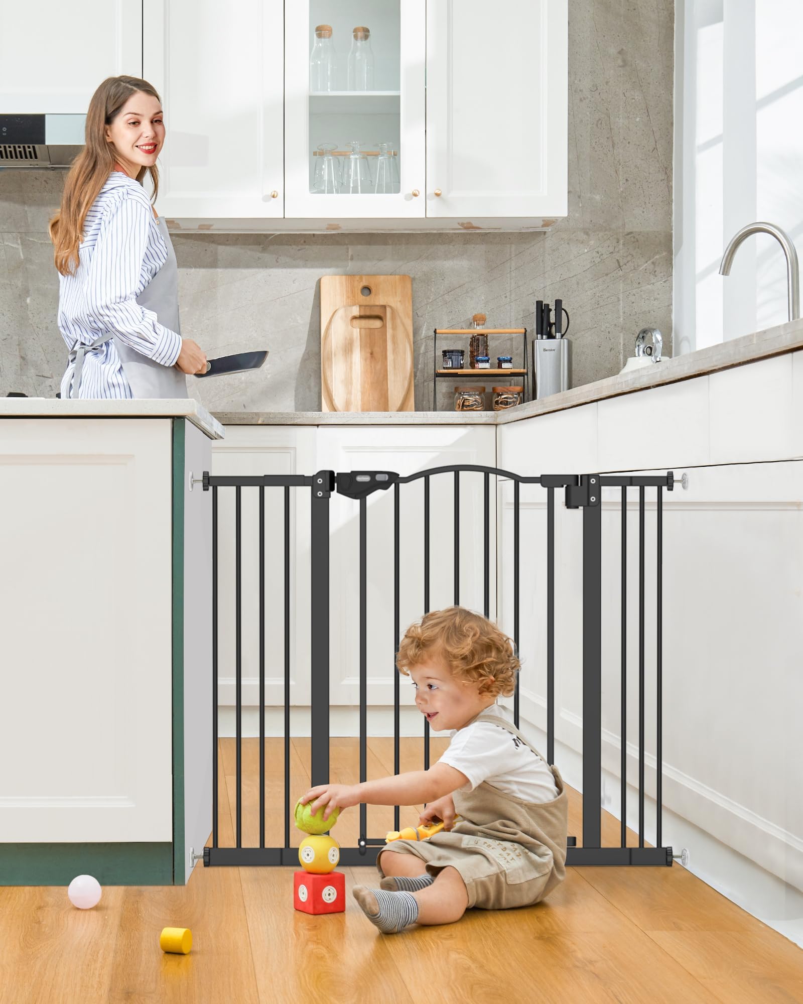 Baby Pet Gate for Stairs Doorways Hallways 29-39.6 Wide 30 Tall Black Pressure Mounted