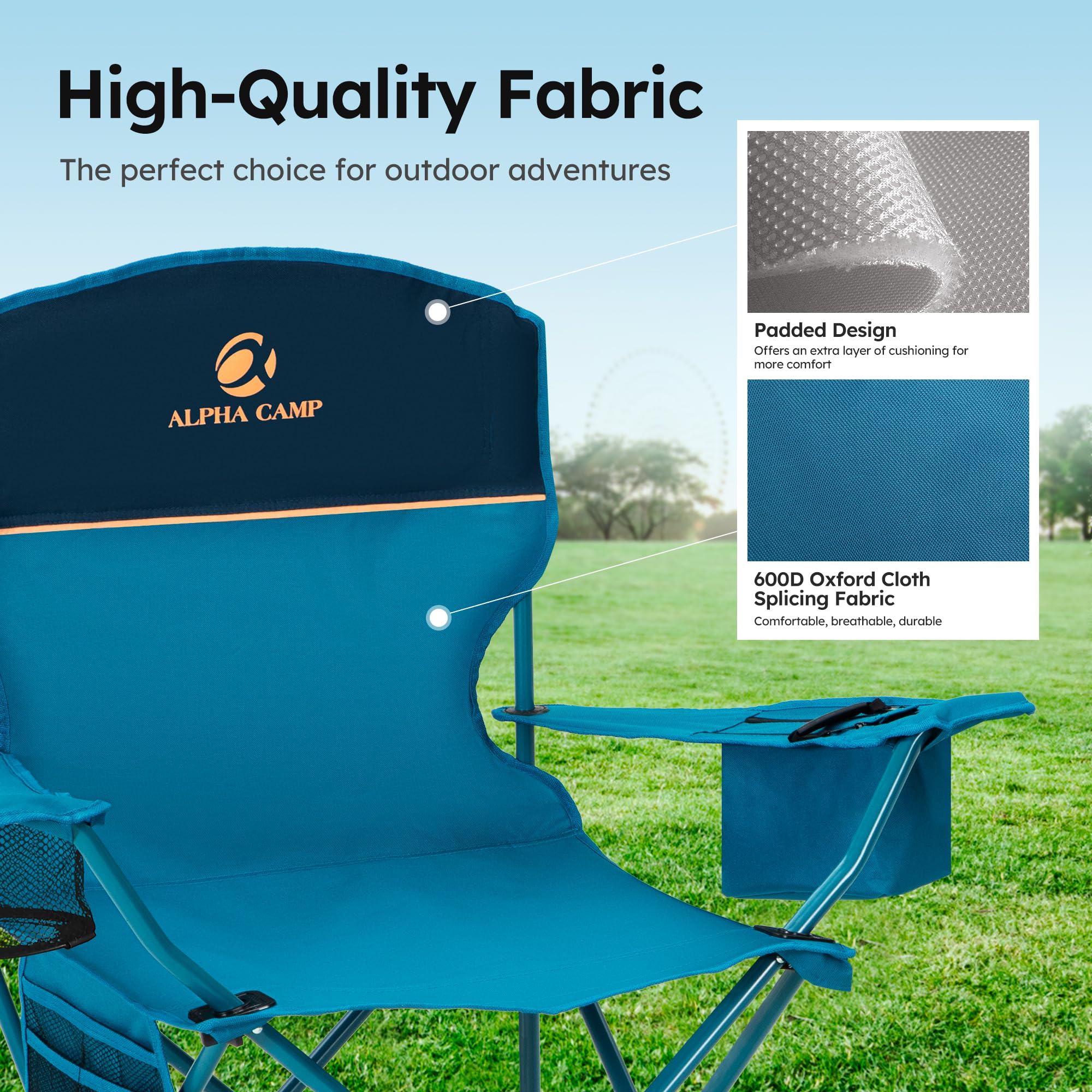 -Pack Heavy Duty Folding Camping Chairs with Cooler Bag  Lumbar Support - Blue
