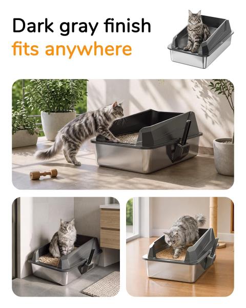 XL Cat Litter Box with Stainless Steel Inner Tank and Side-Entry Removable Lid Dark Gray