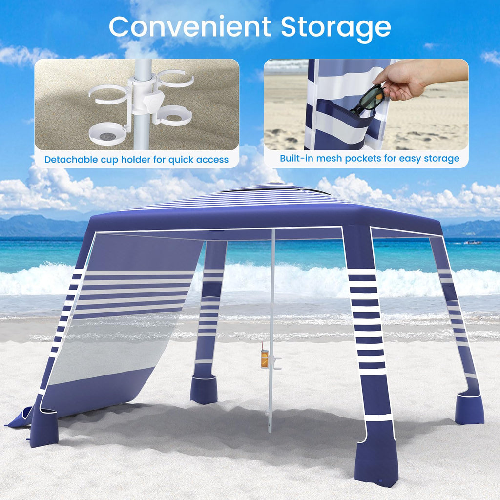 MoKo Beach Cabana, 8'×8' Large Beach Canopy with Side Wall, UPF 50+ Protection Easy Setup Beach Tent Sun Shelter, Adjustable Height Wind Resistant Cabana Beach Tent for Whole Family, Navy Stripes Retail $95.00