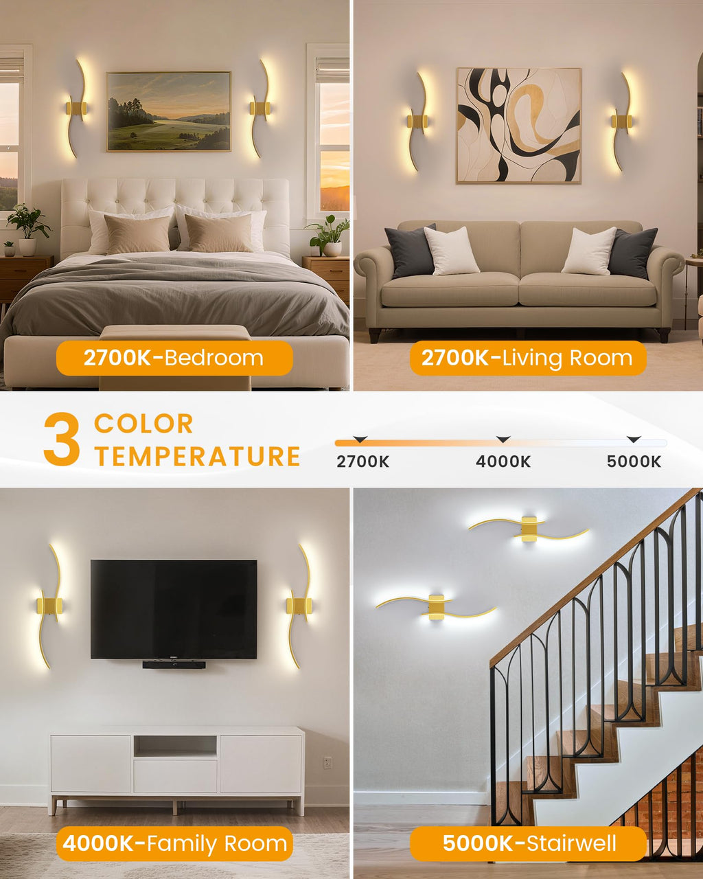 Gold 27.6 Battery Operated Dimmable 3CCT Wall Sconce Set of 2