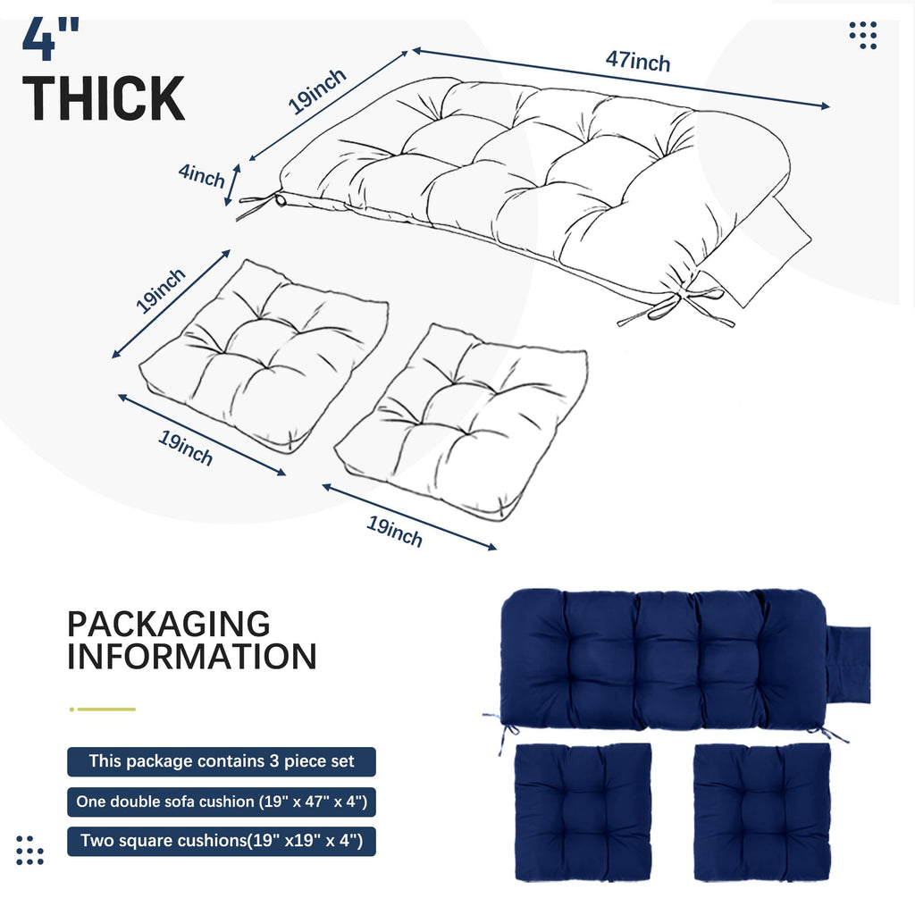 3 Pcs Wicker Chair Cushions Patio Loveseat Chaise Cushion Set - 1200D 47x19*4 Inch Waterproof Wicker Bench Cushions with 2 19x19x4 Inch Chair Cushions for Garden Porch Wicker Patio Furniture(Navy) Retail $49.00
