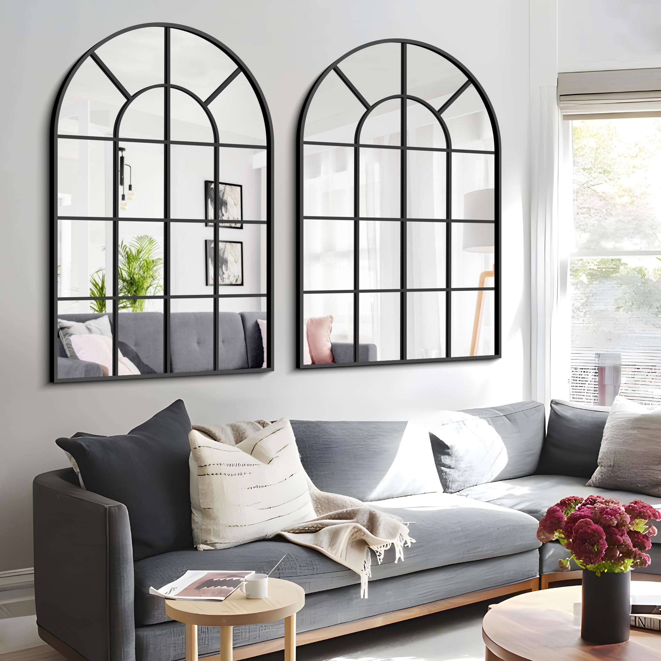 New GLASHOM 30x48 Black Arched Window Pane Wall Mirror Retail $149.00
