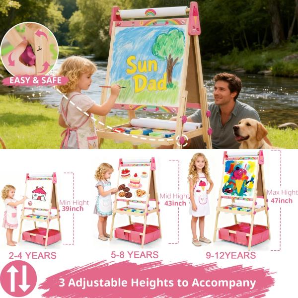 Adjustable Kids Art Easel with 3 Paper Rolls Magnetic Whiteboard and Chalkboard Pink