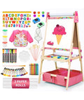 Adjustable Kids Art Easel with 3 Paper Rolls Magnetic Whiteboard and Chalkboard Pink