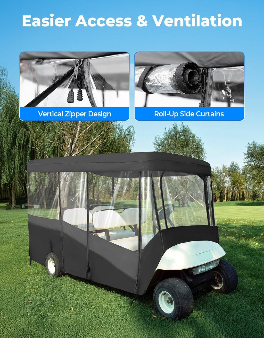 KEMIMOTO Golf Cart Enclosure, 6 Passenger Golf Cart Rain Cover, 600D Waterproof Driving Enclosure with Clear PVC Windshield for Extended Roof Golf Retail $199.00