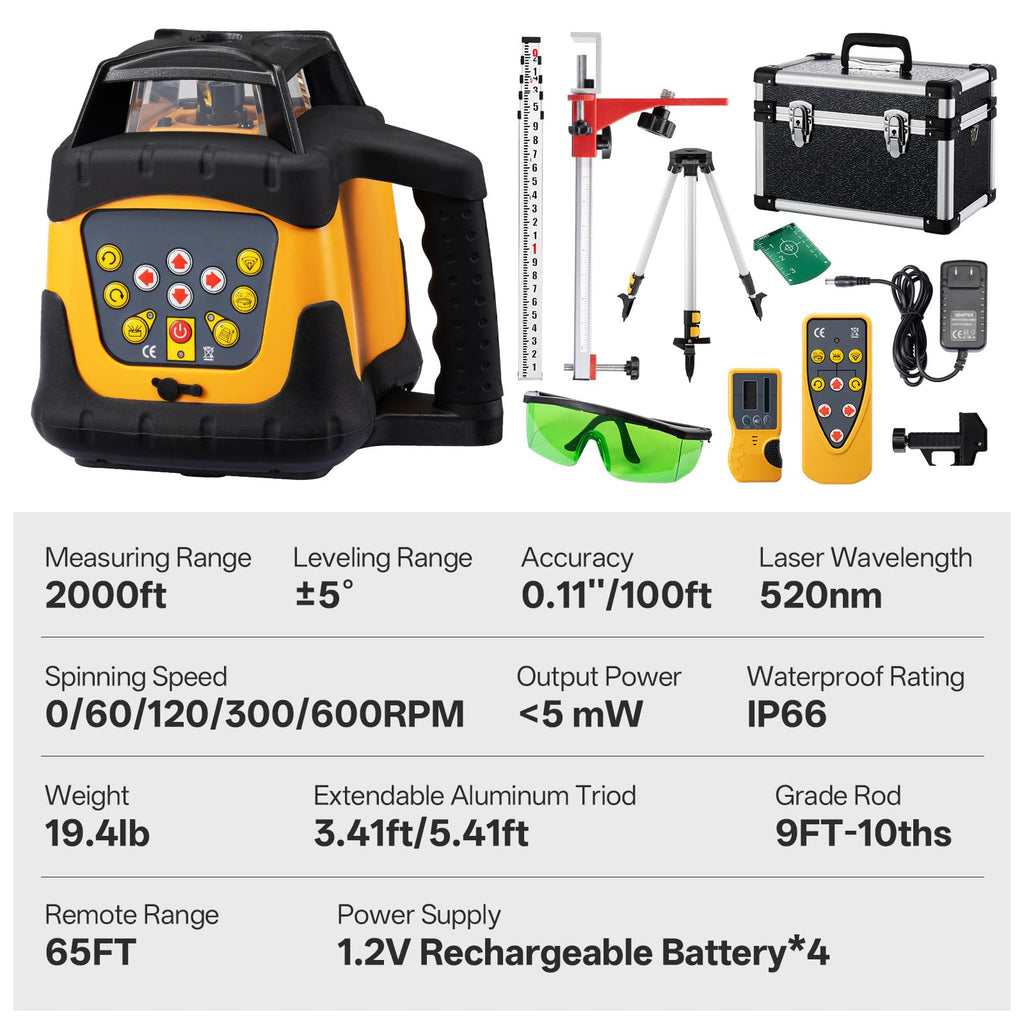 Green Self-Leveling Rotary Laser 2000ft Range IP66