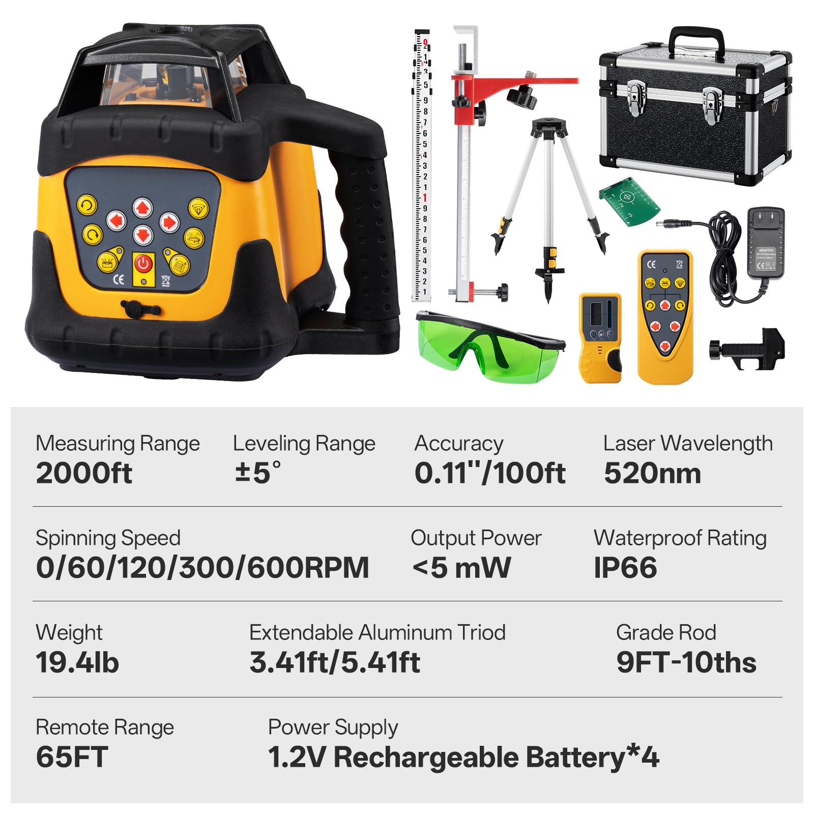 Green Self-Leveling Rotary Laser 2000ft Range IP66