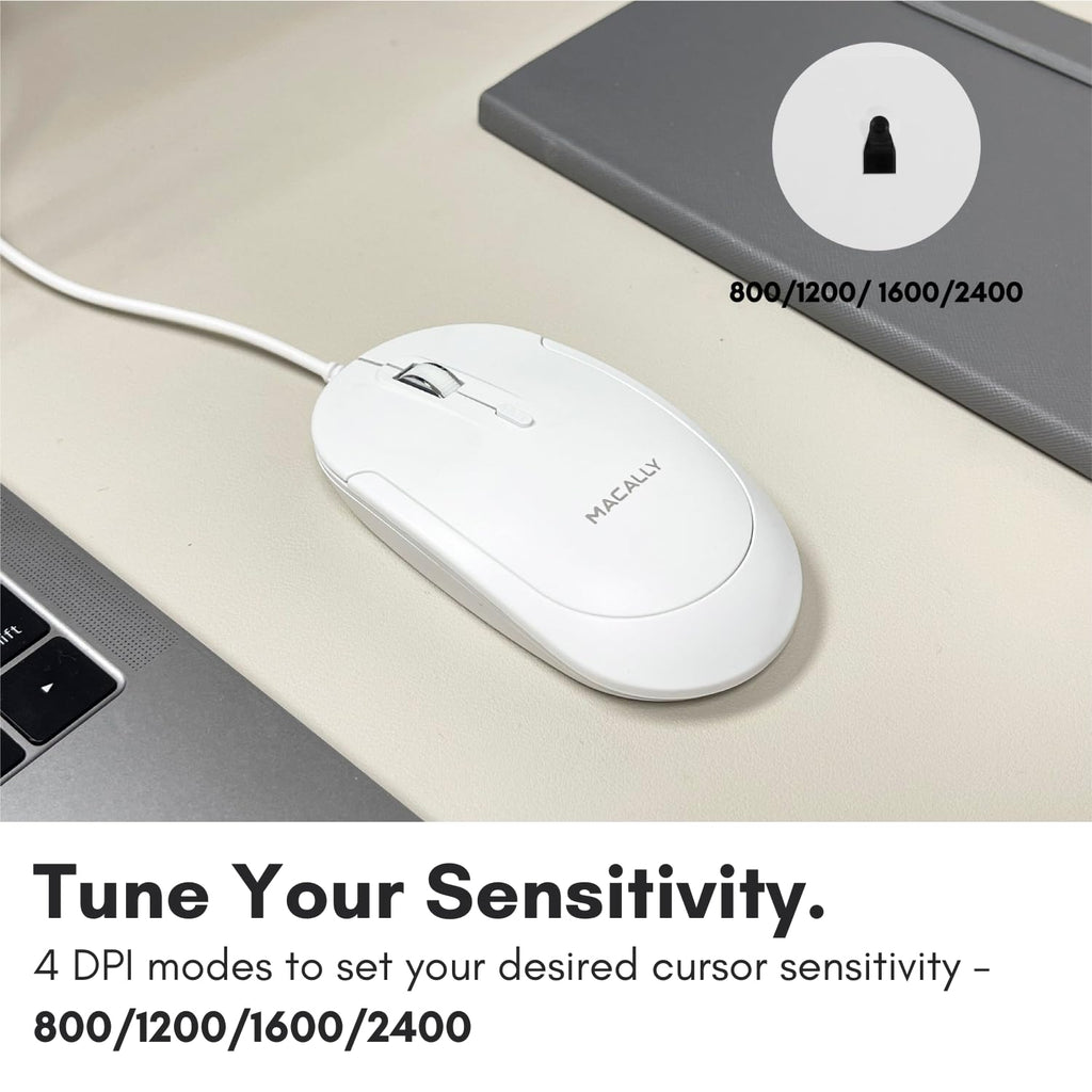 Open-Box New Macally Wired USB-C Slim Quiet All White Computer Mouse for MacPC Retail $19.00