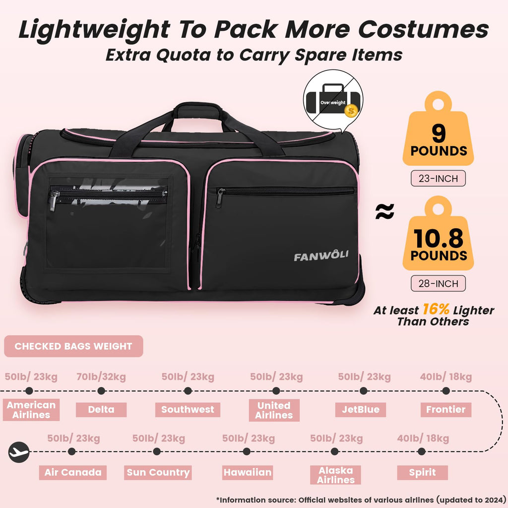 BlackPink Trim Dance Bag with Garment Rack Wheeled Travel 28x15x14