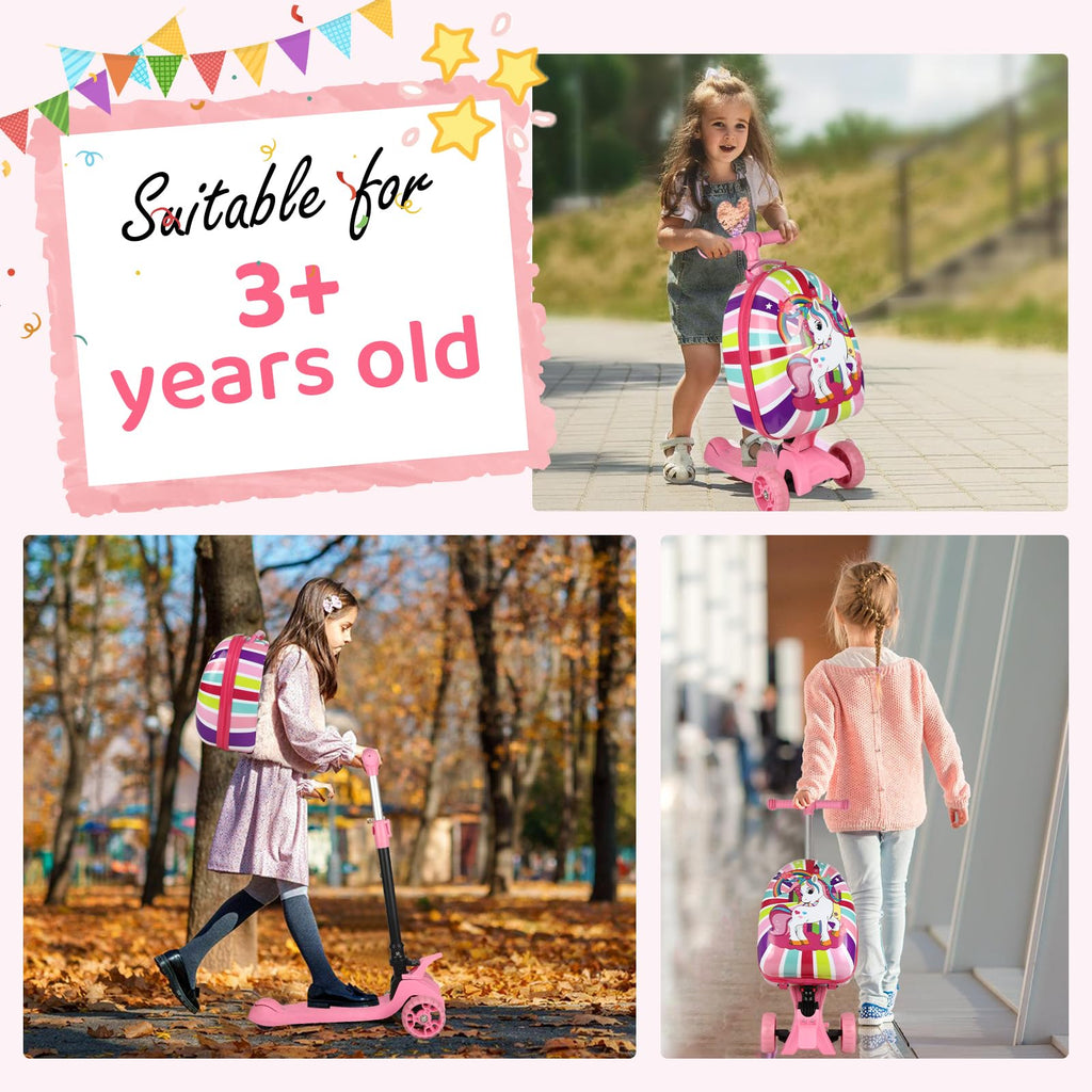 -in-1 Ride-On Scooter Suitcase Hardside for Kids LED Wheels Retractable Handle Pink
