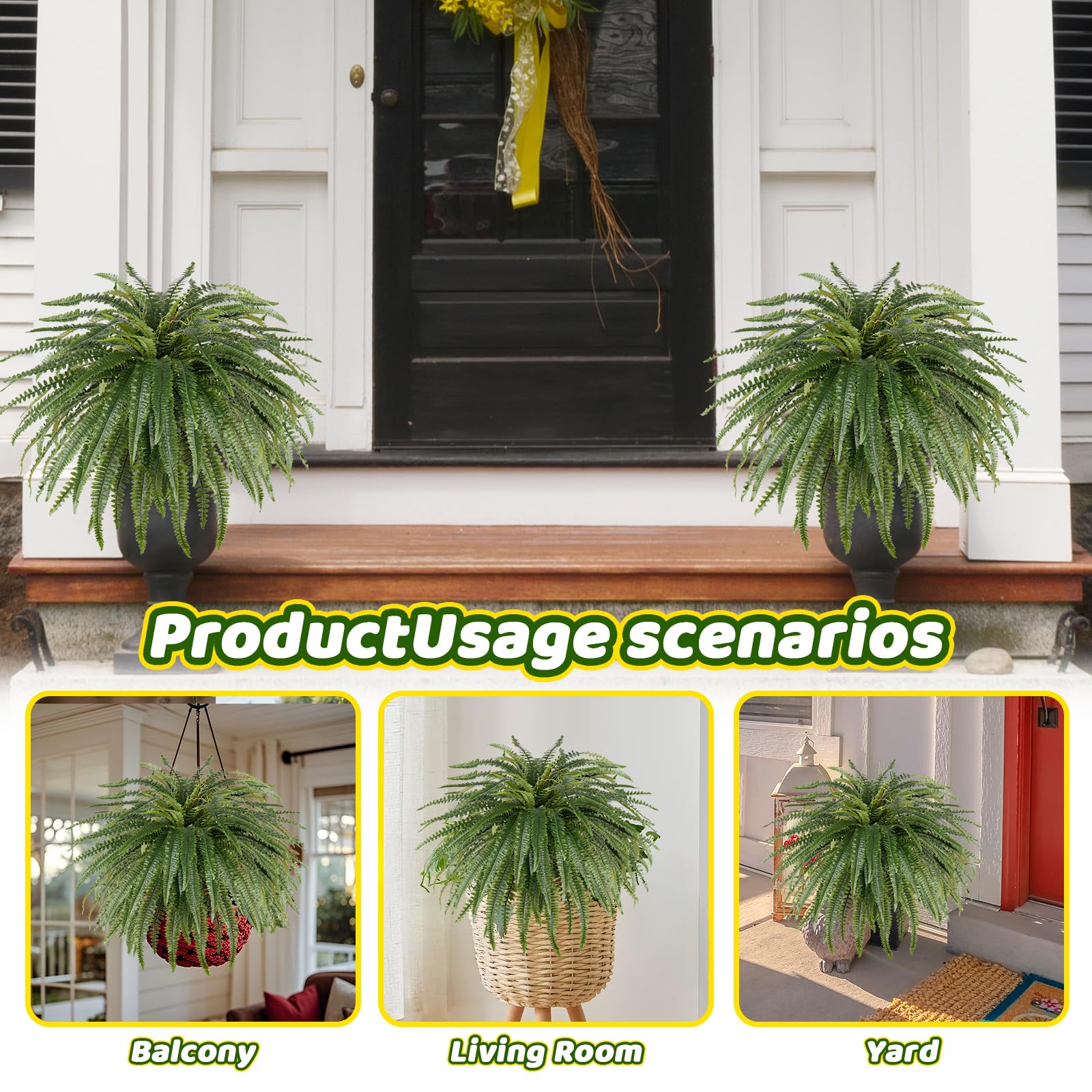 Set of 2 Green UV-Resistant Realistic Artificial Fern Plants 19 Tall
