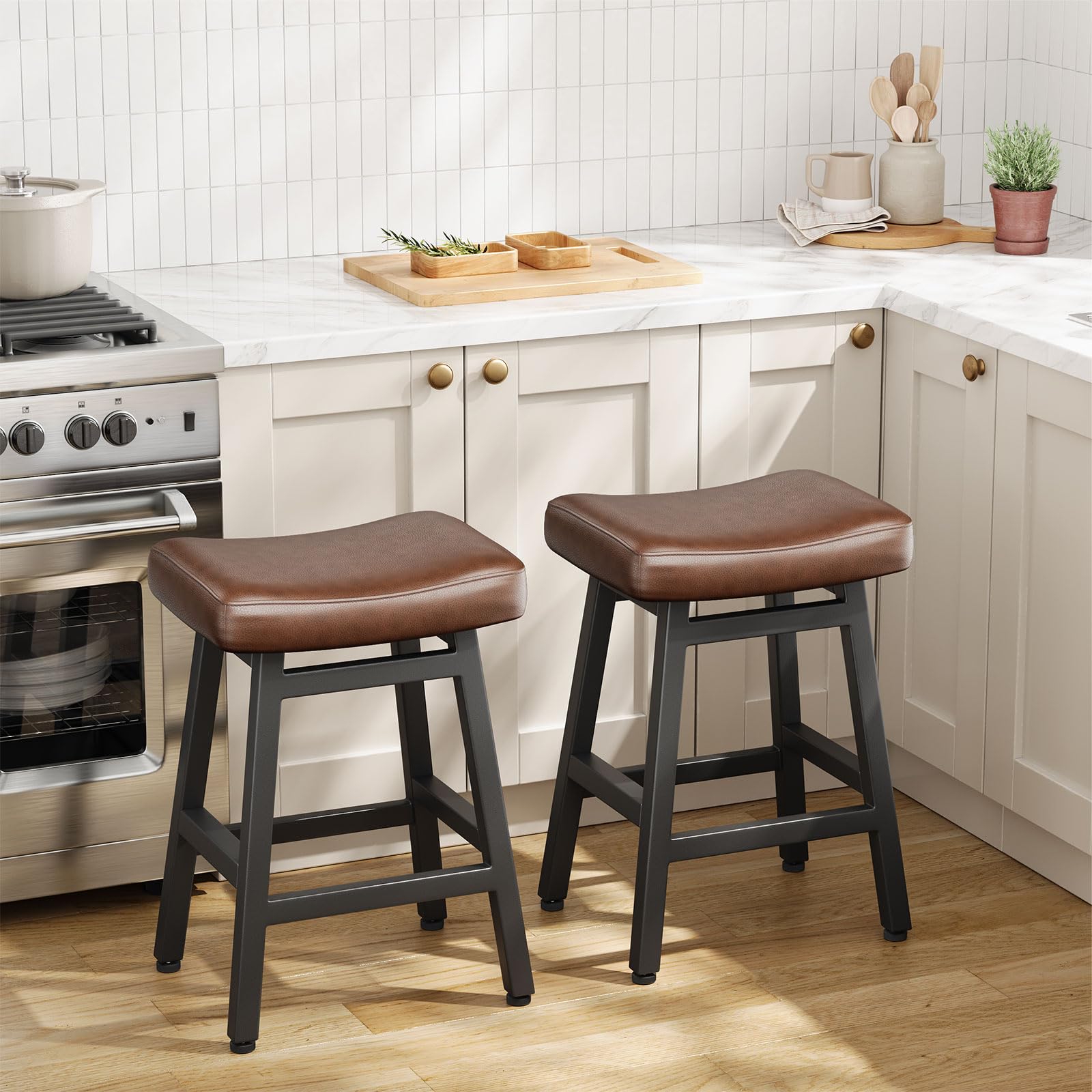 Set of 2 All Black 24 Inch Counter Height Bar Stools w Bonded Leather Saddle Seats