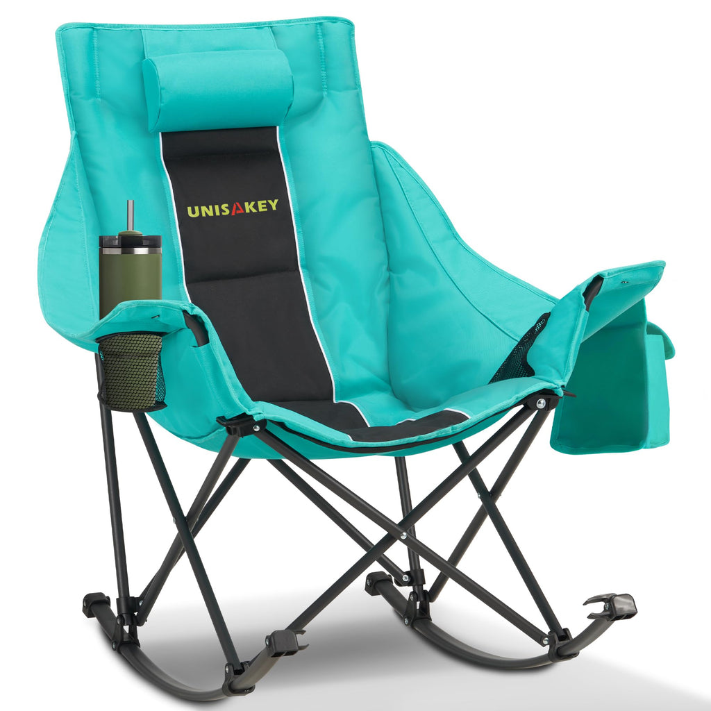 Oversized Folding Rocking Camping Chair w Headrest  Cup Holder 300lbs Blackgreen
