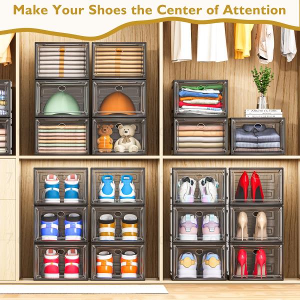 Sturdy Clear Shoe Organizer with Magnetic Door 6-Pack Stackable Storage Box 13.5 x 10.5 x 7.2