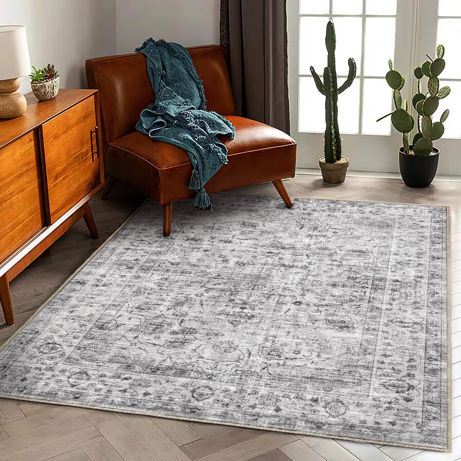 New CHAMPLANT 5x7 Washable Vintage Traditional Area Rug - Grey Floral Distressed