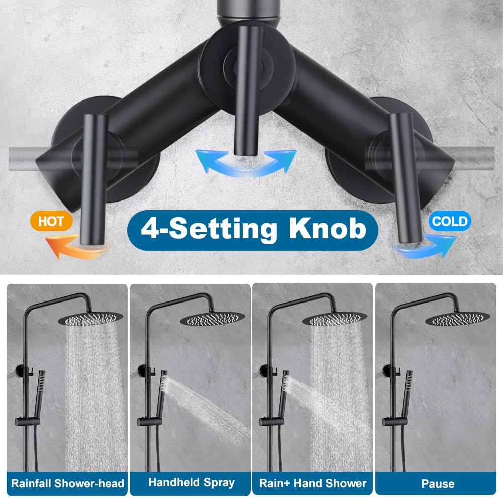 Matte Black Outdoor Shower Kit 2 Handle Wall Mounted w 8 Head  Handheld Spray