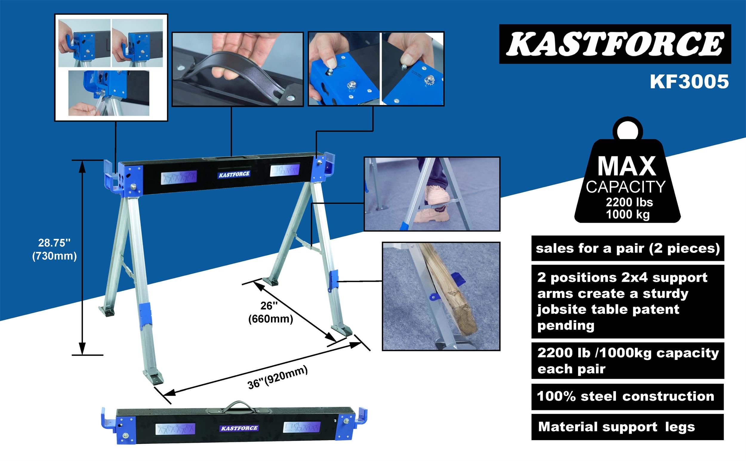 Heavy Duty Folding Sawhorse 2200 lb Capacity Twin Pack Blue KF3005