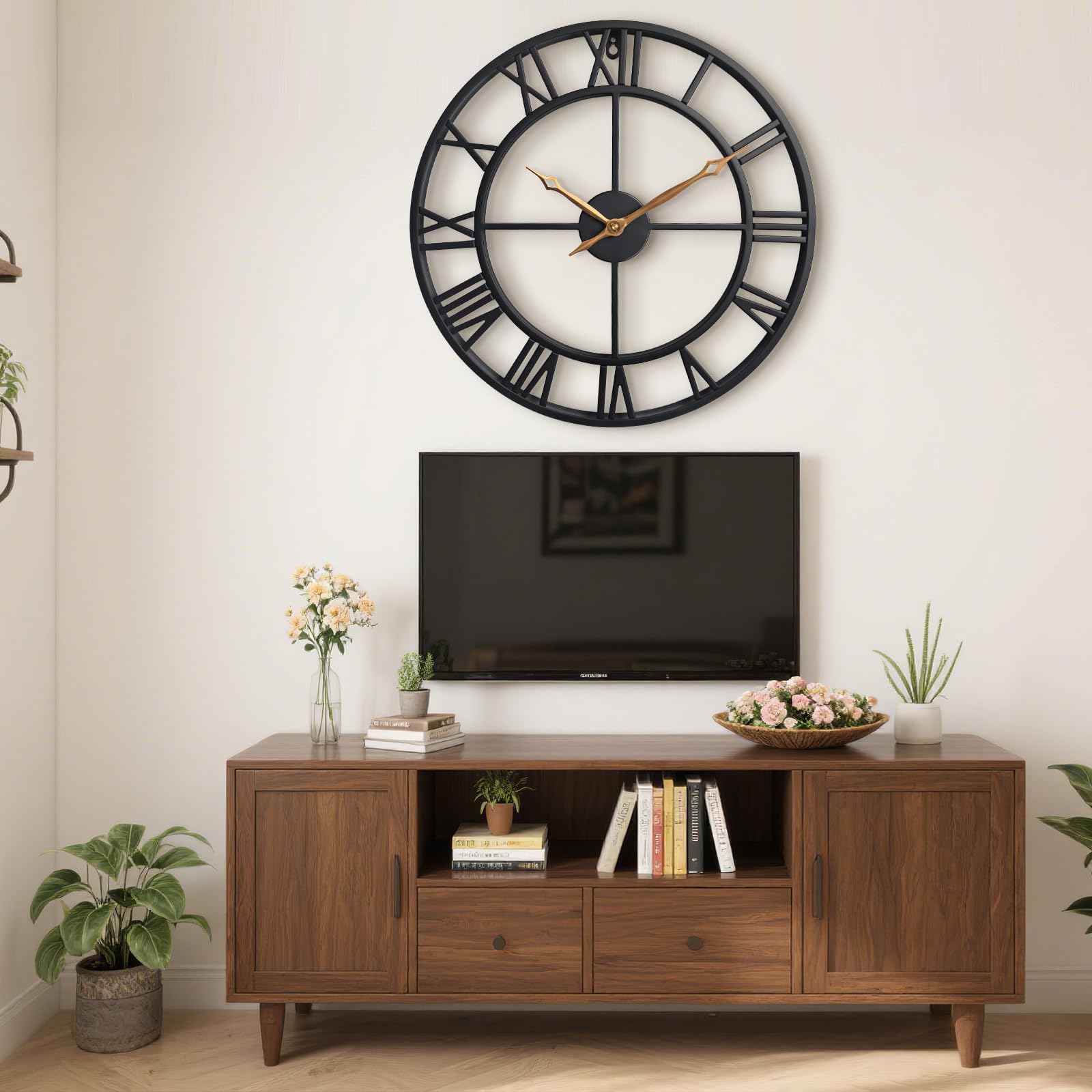 Black 18.5 Inch Metal Quiet Wall Clock with Roman Numerals