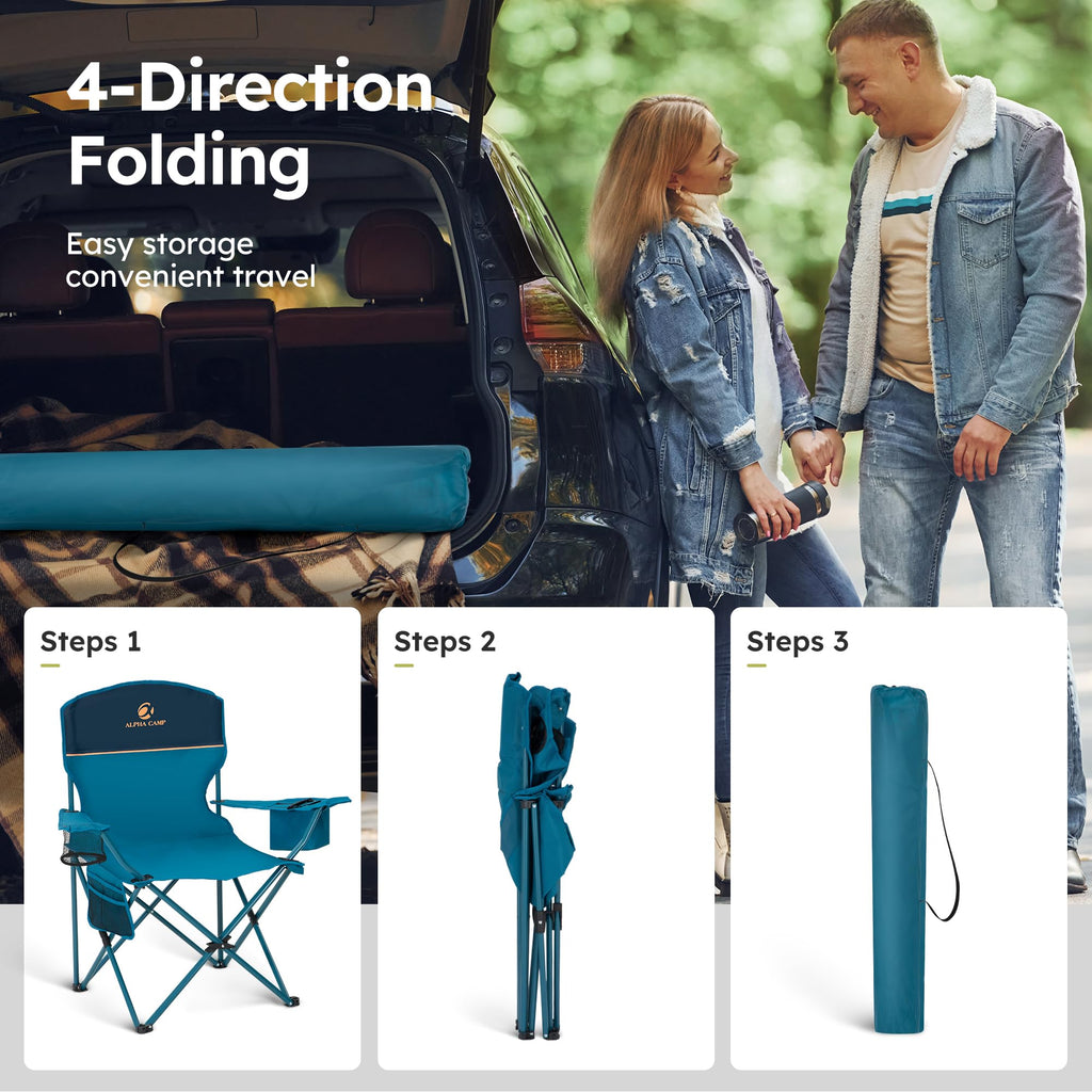 -Pack Heavy Duty Folding Camping Chairs with Cooler Bag  Lumbar Support - Blue