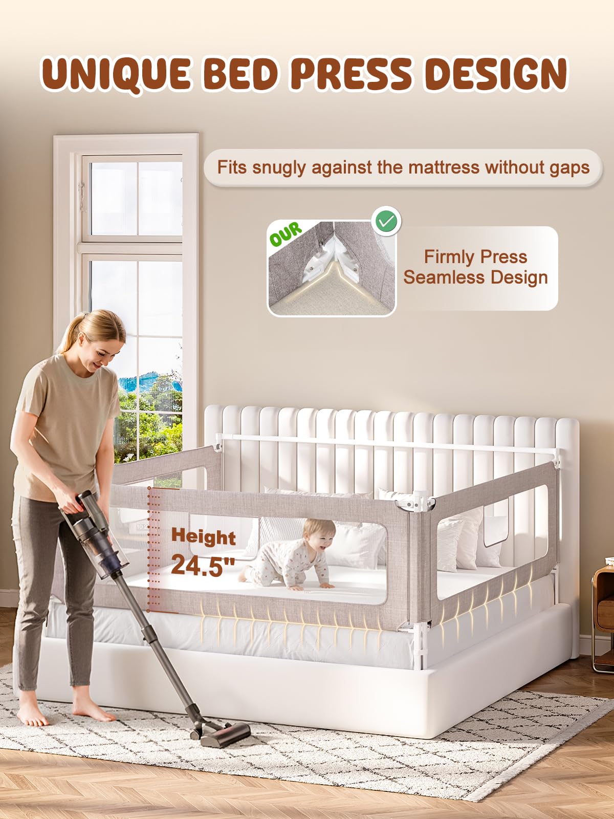 Grey 3-Piece Adjustable Height Sturdy Queen Bed Rail Guard Retail $129.00