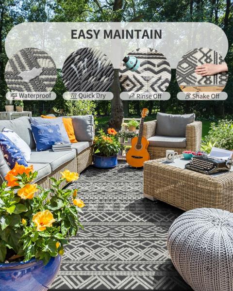 x8 Reversible Waterproof Plastic Straw Outdoor Patio Rug Boho Grey