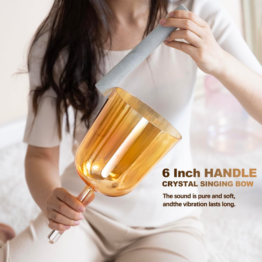 Inch F Note Golden Tea Quartz Handle Singing Bowl with Carry Case for Sound Healing