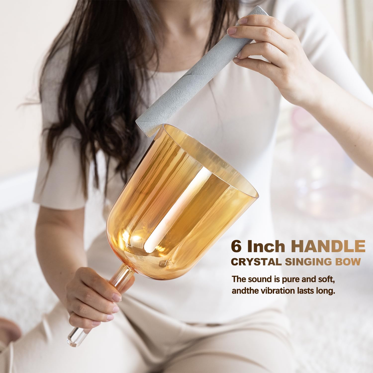 Inch F Note Golden Tea Quartz Handle Singing Bowl with Carry Case for Sound Healing