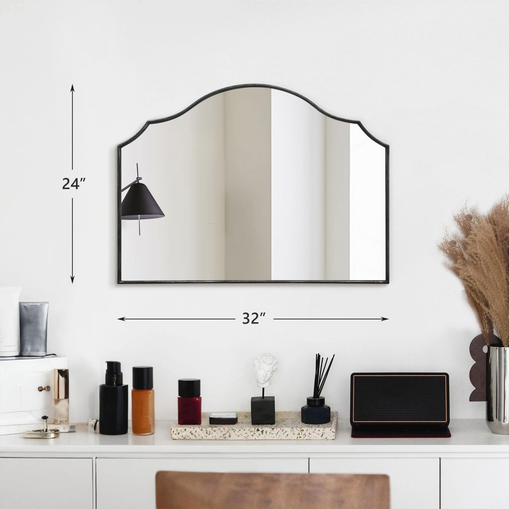 Besdomus Scalloped Arched Mirror for Vanity: 32"x24" Black Modern Wooden Wall Mirror - Minimalist Mantel Mirrors for Bedroom/Entryway/Bathroom/Hallway - Home Decor for Small Apartment