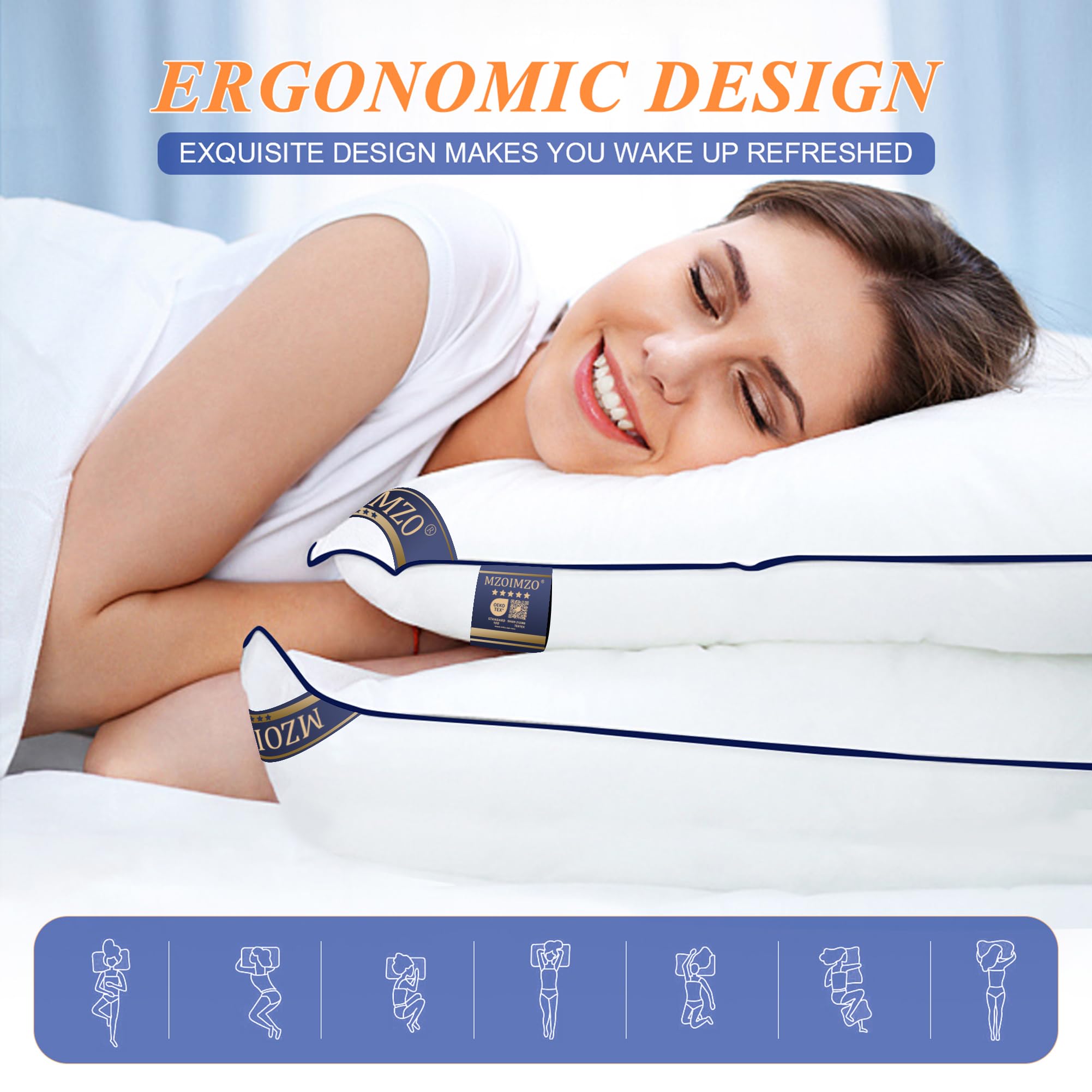 Supportive Firm Down Alternative Bed Pillows Standard Size 20x26 Set of 2 - Blue