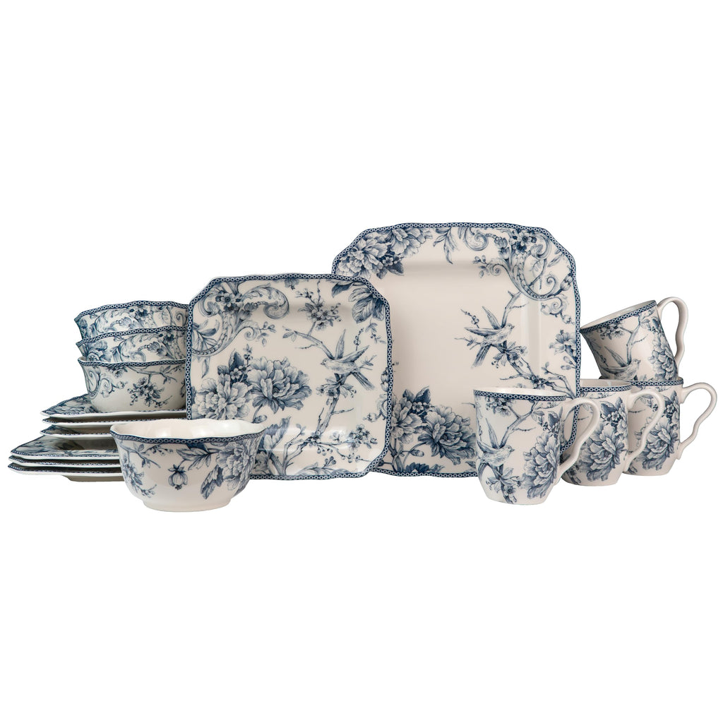 New 222 Fifth Adelaide Blue Floral Porcelain 16-Pc Microwave Safe Dinnerware Set Retail $109.00