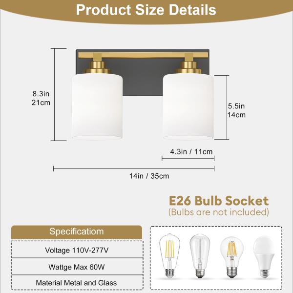 -Light Black and Gold Vanity Light Fixture for Bathroom