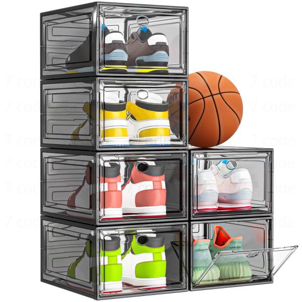 Sturdy Clear Shoe Organizer with Magnetic Door 6-Pack Stackable Storage Box 13.5 x 10.5 x 7.2