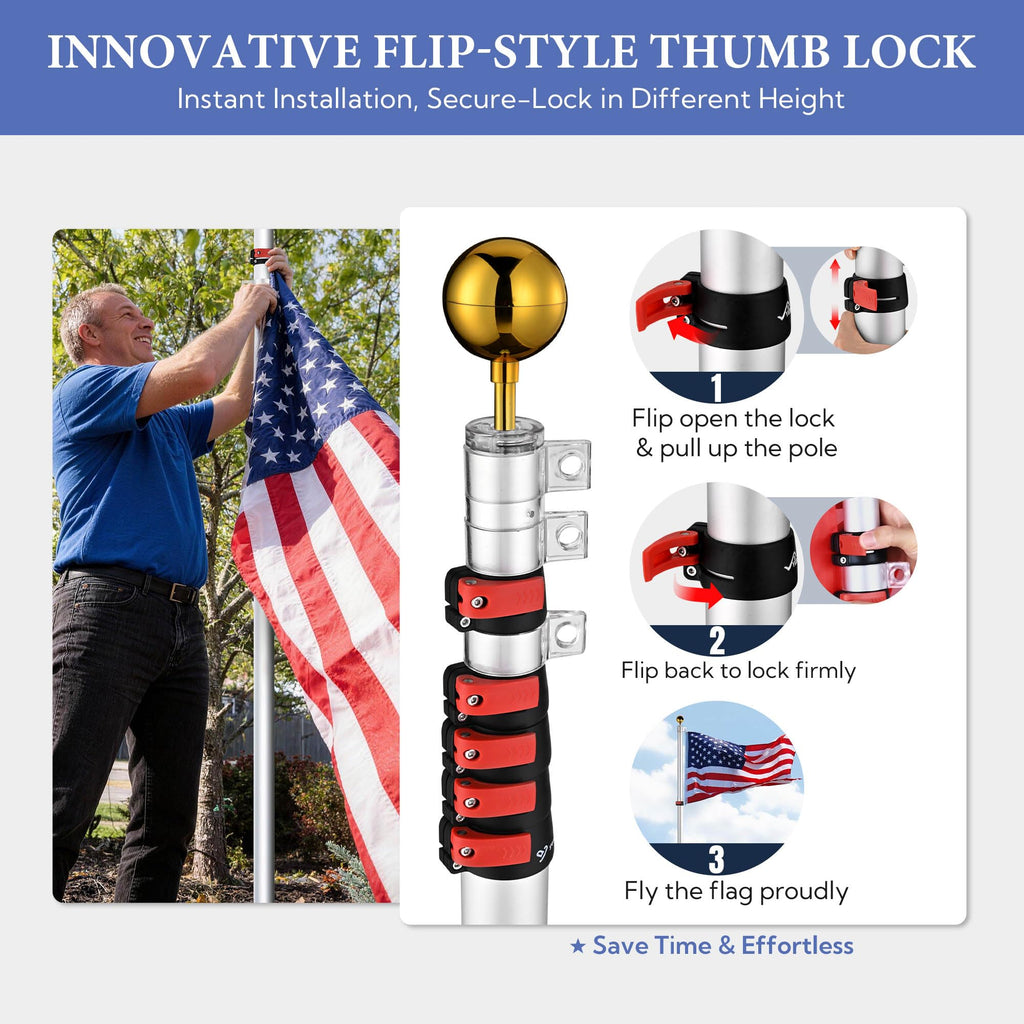 Yeshom 20ft Telescopic Flag Pole Kit with 3'x5' US American Flag & Ball Top Sleeve Set Aluminum Telescoping Flagpole Fly 2 Flags for Outdoor Tailgate Camper RV Tire Mount Inground Outside House Retail $99.00