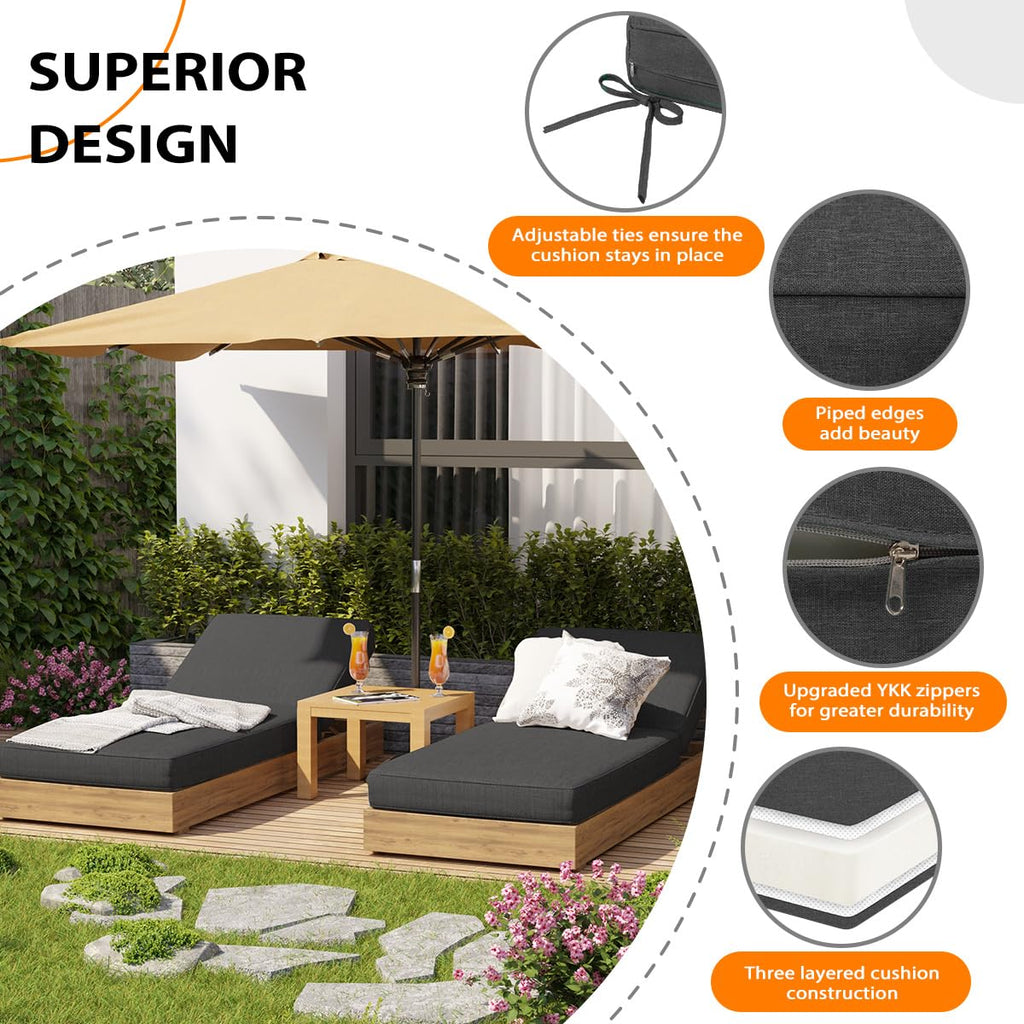Olefin Chaise Lounge Cushion Water-Resistant Patio Lounger Pad Dark Gray 80 x 26 x 6 Inches