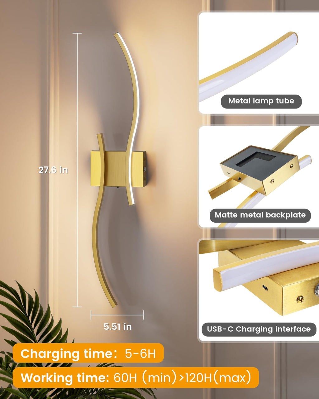 Gold 27.6 Battery Operated Dimmable 3CCT Wall Sconce Set of 2