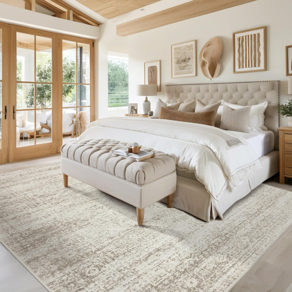 Beige 9x12 Washable Non-Slip Faux Wool Vintage Low-Pile Area Rug