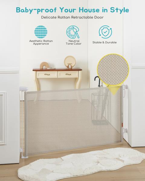 Retractable Baby Gate Rattan Mesh 33 Tall Expands to 55 Wide for Stairs and Doorways