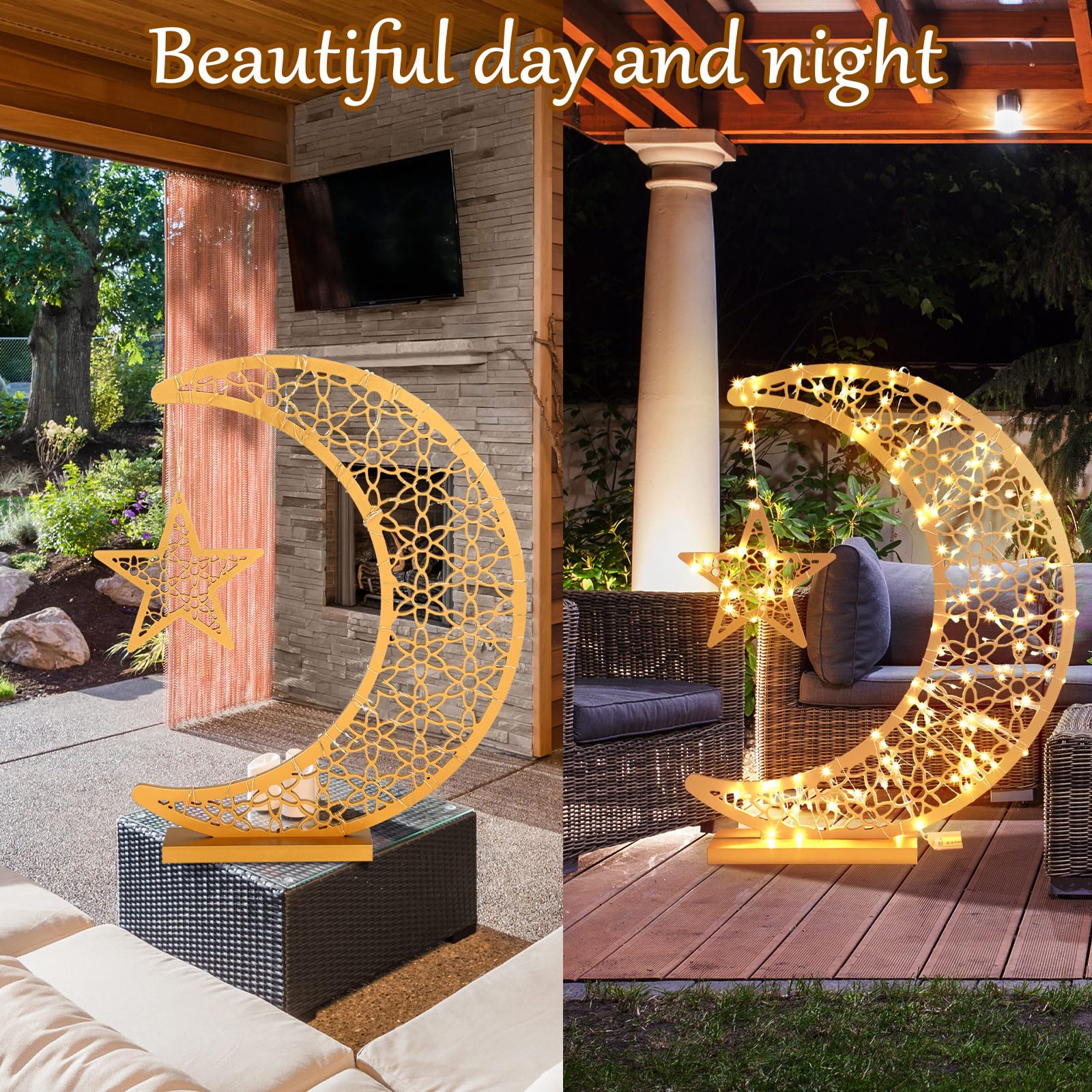 Ramadan Eid Crescent Star Wooden Light Decoration 20x17 Inches